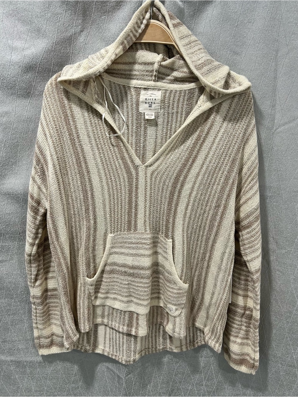 Billabong Striped Knit Hoodie Sweater in Cream and Tan